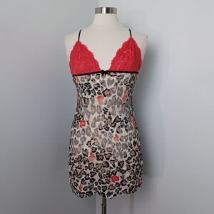 Victoria's Secret Very Sexy Y2K Red Lace Leopard Print Babydoll Chemise Small